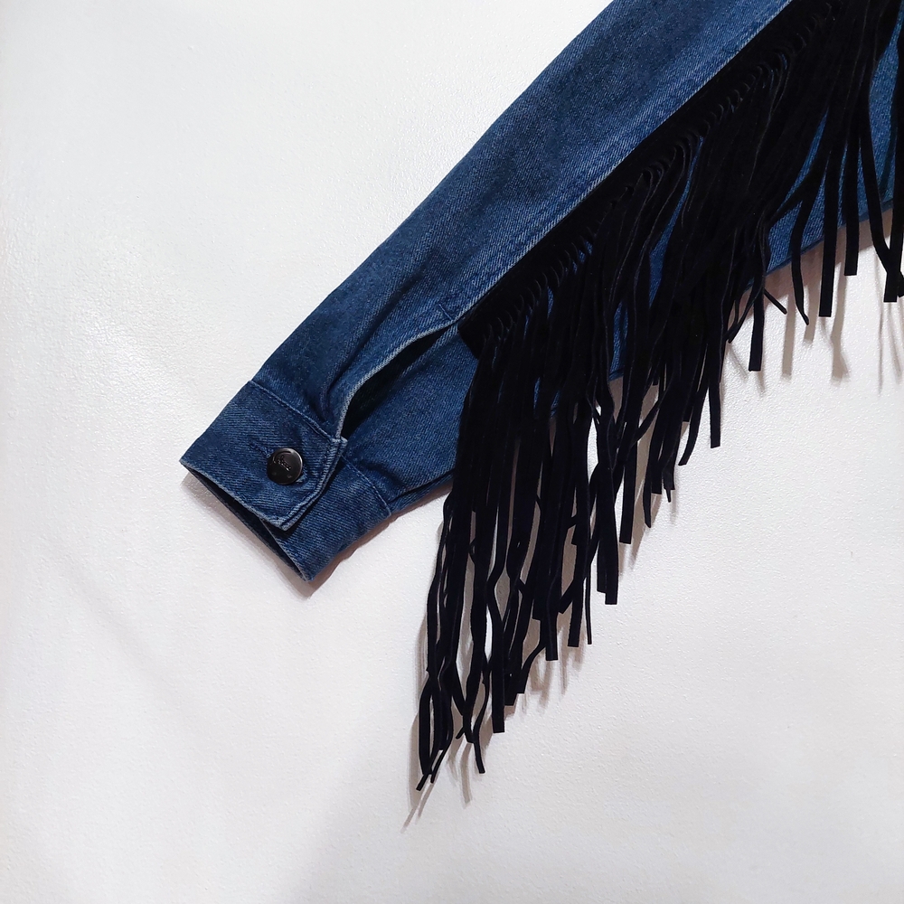 SHEIN Blue Jean Jacket with Black Fringe Western Rodeo Fun Festival - Picture 5 of 8